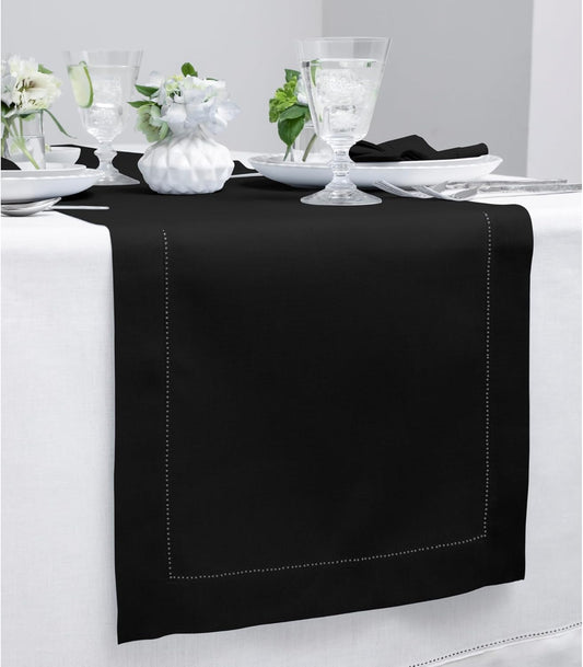 Solino Home Linen Black Table Runner 156 Inches Long - 100% Pure Linen Extra Long Table Runner 14 x 156 Inch for Fall, Autumn, Halloween - Classic Hemstitch