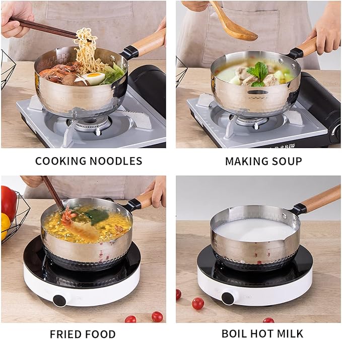 Yukihira Saucepan,Yukihira Pot, 1.7 Quart Stainless Steel Saucepan Pan Japanese Milk Pot with Wood Handle