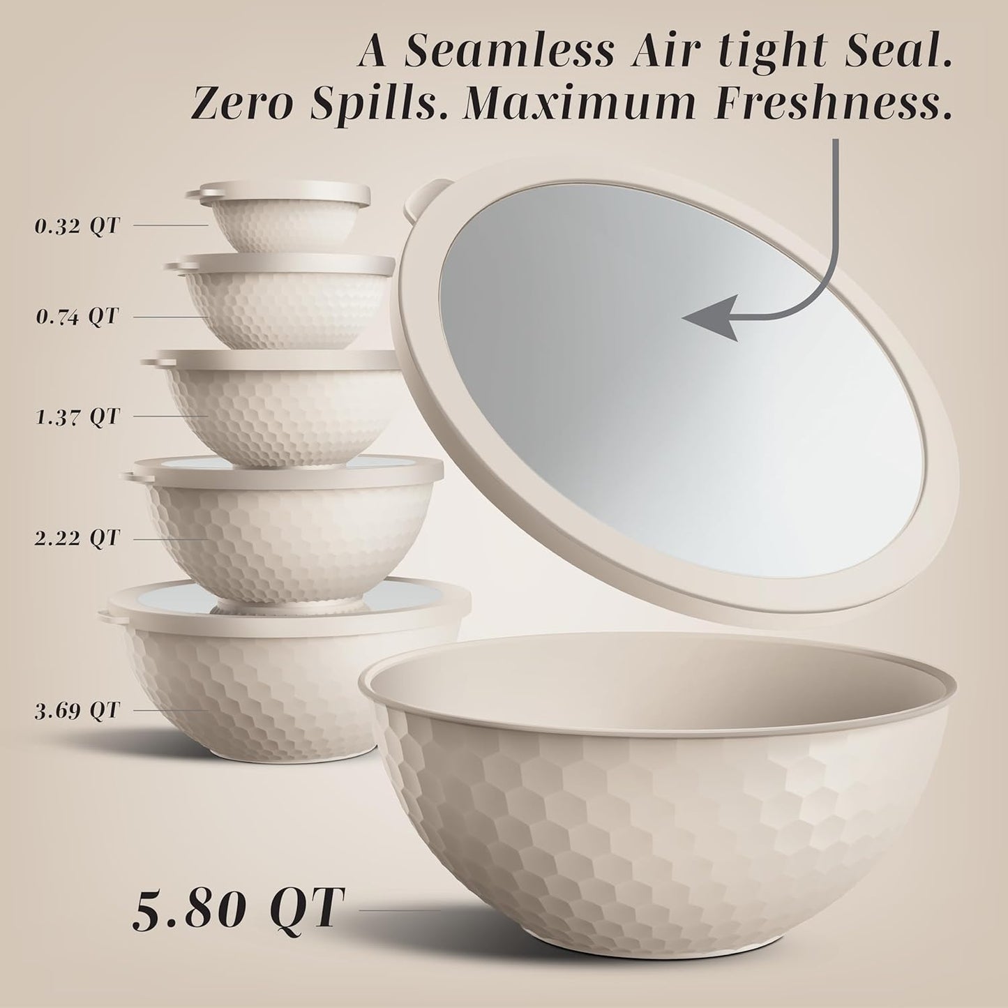 COOK WITH COLOR Mixing Bowls with Lids - 12 Piece Plastic Nesting Bowls Set includes 6 Prep Bowls and 6 Lids, Non Slip Bottom and Embossed Design - Microwave Safe (Cream)