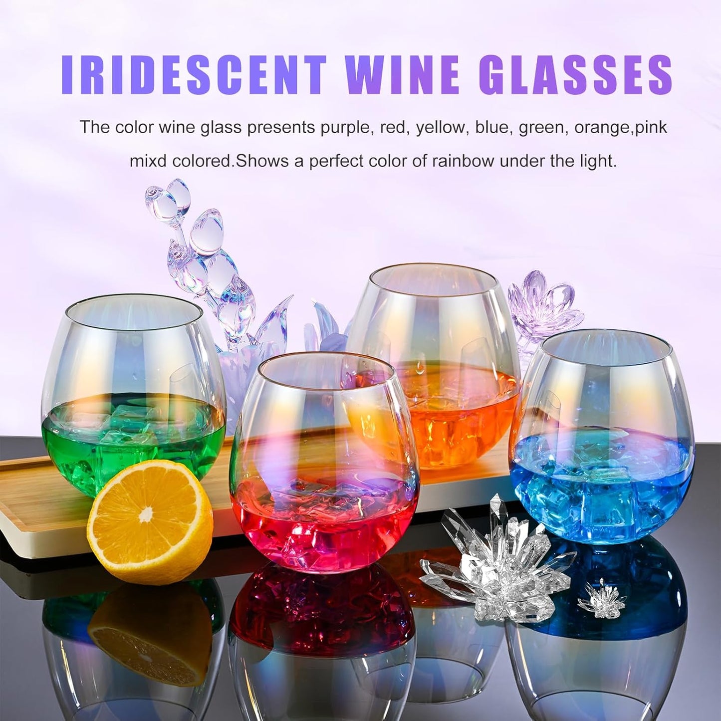 CUKBLESS Stemless Wine Glasses Set of 4, Iridescent Wine Glass for Red or White Wine, 15 OZ