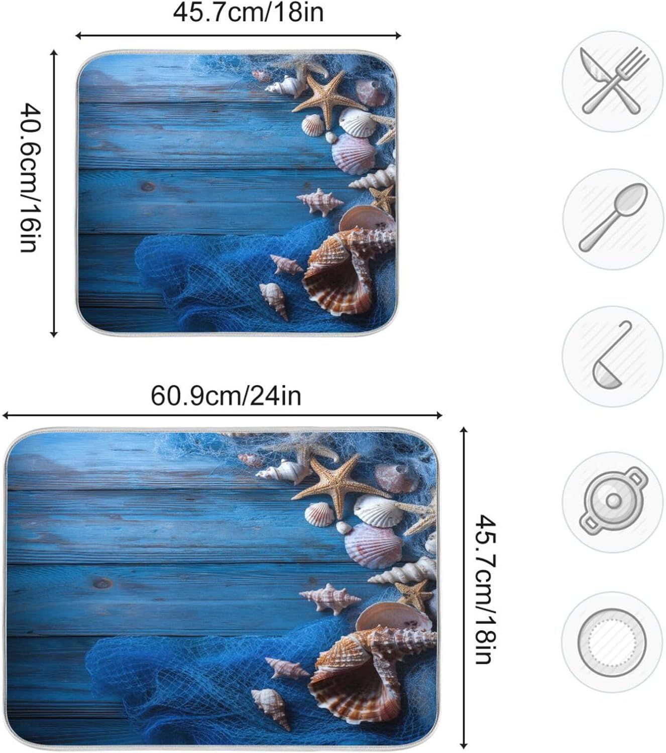 Blue Fishing Nets Seashells Starfish Dish Drying Mat for Kitchen Counter Super Absorbent Dishes Pad Reversible Microfiber Protector Dish Draining Mats 16x18 inch