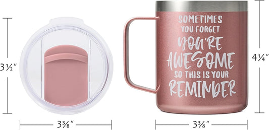 SUNWILL Insulated Coffee Mug with Lid, Birthday Gifts for Women, Stainless Steel Coffee Cup, Inspirational Sometimes You Forget You're Awesome Gifts for Mom, Best Friend, Her- 14oz Rose Gold