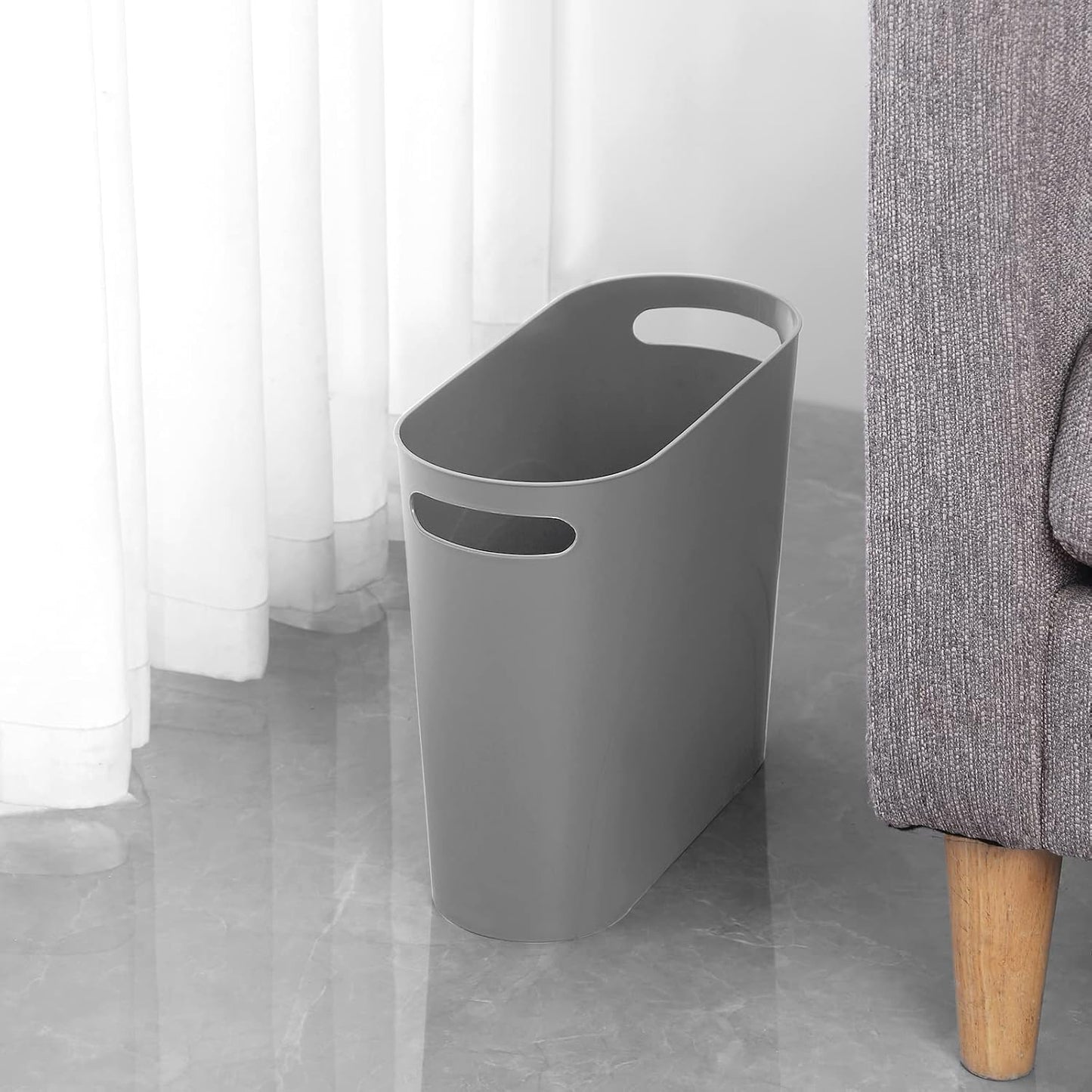 rejomiik Small Trash Can, 3.5 Gallon Slim Garbage Can Plastic Waste Basket with Handles Container Bin for Narrow Spaces Bathroom, Bedroom, Kitchen, Office at Home, Grey