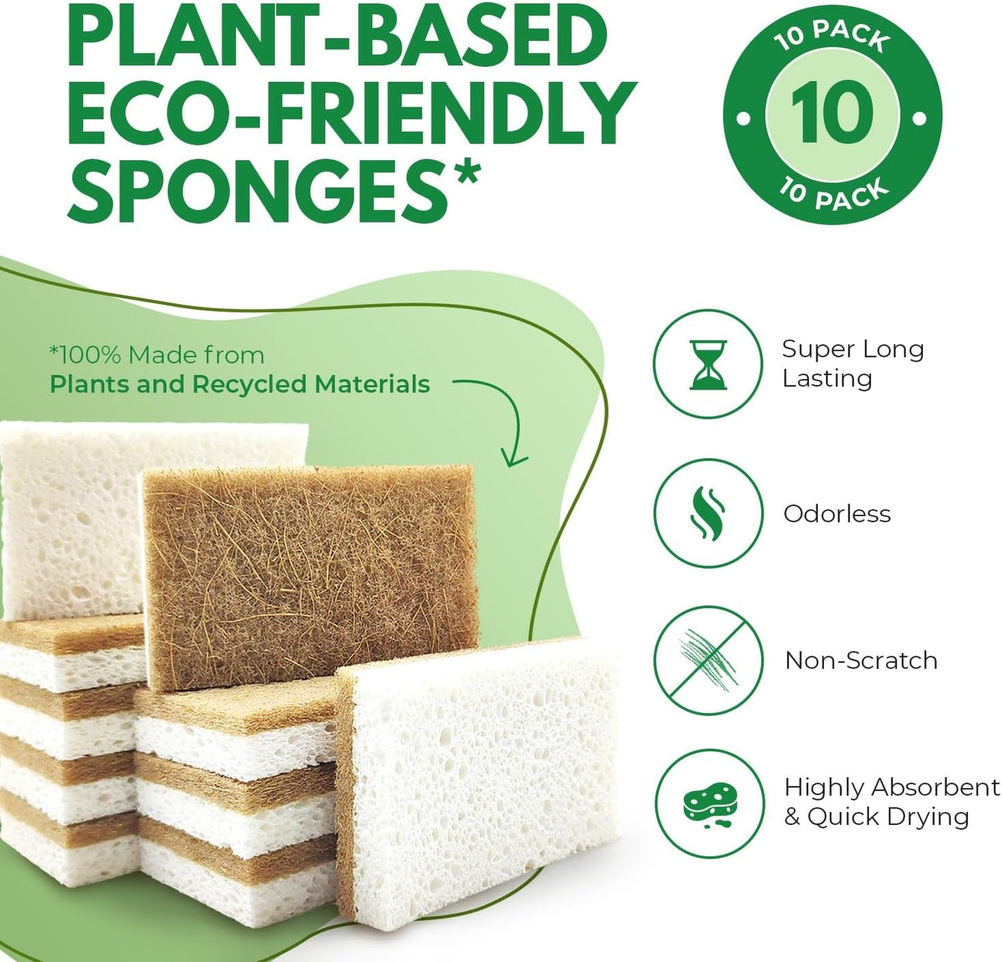 10 Pack Biodegradable Natural Kitchen Sponge - Compostable Cellulose and Coconut Walnut Scrubber Sponge - Eco Friendly Sponges for Dishes