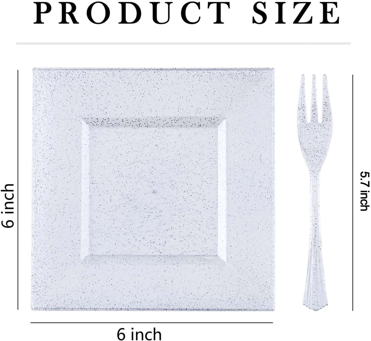 DaYammi 100Pcs Silver Dessert Plates Including 50Pcs Appetizer Plates 6",50Pcs Plastic Forks 5.7",Silver Glitter Plastic Square plate for Wedding,silver Salad plates and Cake Forks for Birthday Party