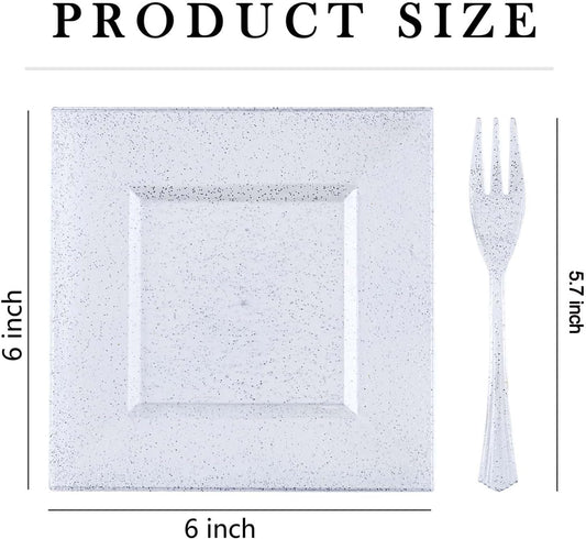 DaYammi 100Pcs Silver Dessert Plates Including 50Pcs Appetizer Plates 6",50Pcs Plastic Forks 5.7",Silver Glitter Plastic Square plate for Wedding,silver Salad plates and Cake Forks for Birthday Party