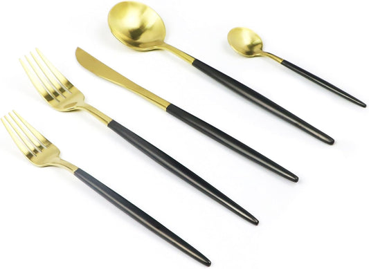 Customized 5-Piece 18/10 Stainless Steel Flatware Set, Serive for 1, With Fork Spoons Knife Teaspoon Dessert Fork for Home Kitchen Restaurant Hotel (Black + Gold)