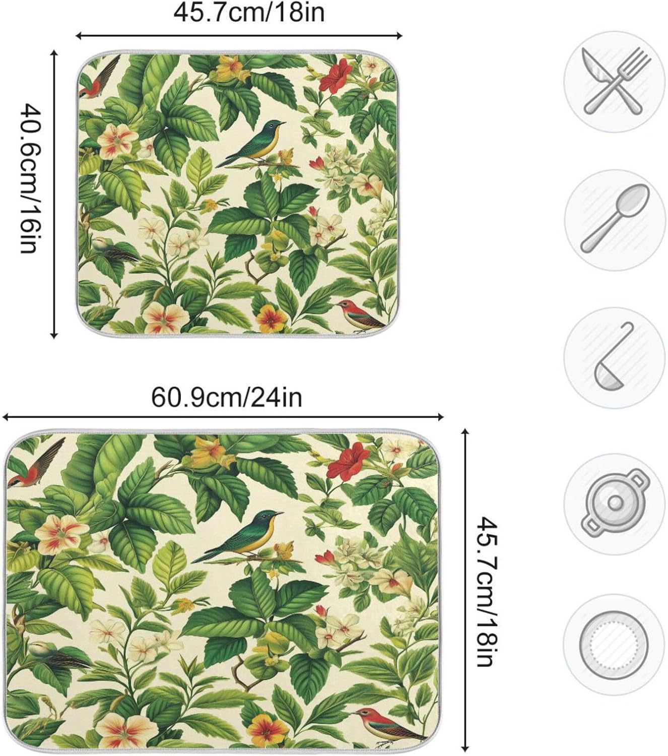 Green Leaf Bird Flower Dish Drying Mat for Kitchen Counter Super Absorbent Dishes Pad Reversible Microfiber Protector Dish Draining Mats 18x24 inch