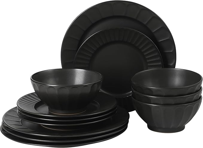 Gibson Elite Winchester Way 12-Piece Embossed Stoneware Dinnerware Set – Reactive Matte Glaze, Durable Lightweight-Tech Plates & Bowls, Everyday Dish Set, Microwave & Dishwasher Safe – Black