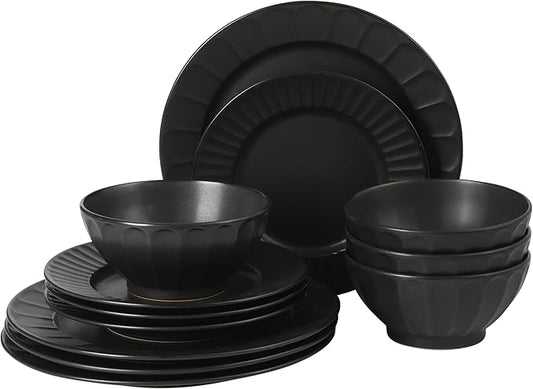 Gibson Elite Winchester Way 12-Piece Embossed Stoneware Dinnerware Set – Reactive Matte Glaze, Durable Lightweight-Tech Plates & Bowls, Everyday Dish Set, Microwave & Dishwasher Safe – Black