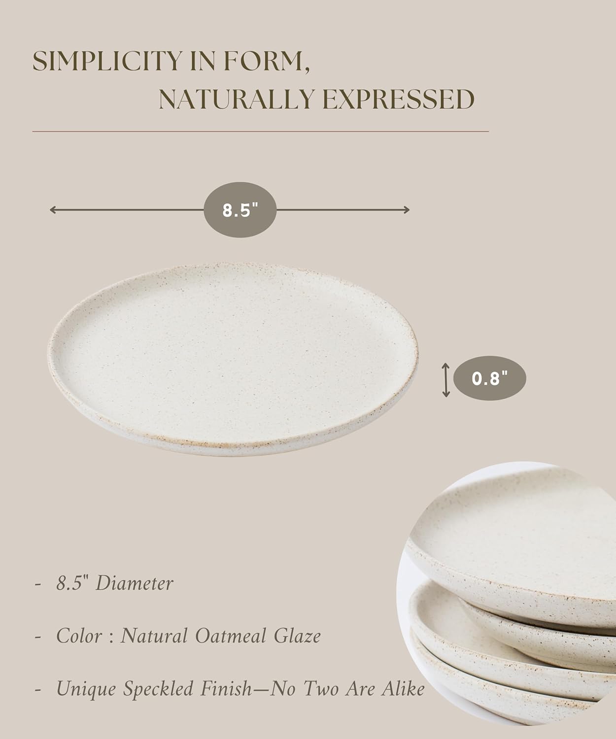 Stoneware Plate Set of 4-8.5" Ceramic Flat Plates for Salad, Appetizer, Dessert, Lunch & Dinner - Microwave, Oven & Dishwasher Safe, Scratch Resistant - Minimalist Design - Oatmeal Cream
