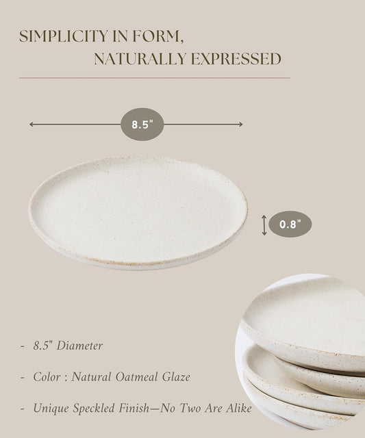 Stoneware Plate Set of 4-8.5" Ceramic Flat Plates for Salad, Appetizer, Dessert, Lunch & Dinner - Microwave, Oven & Dishwasher Safe, Scratch Resistant - Minimalist Design - Oatmeal Cream