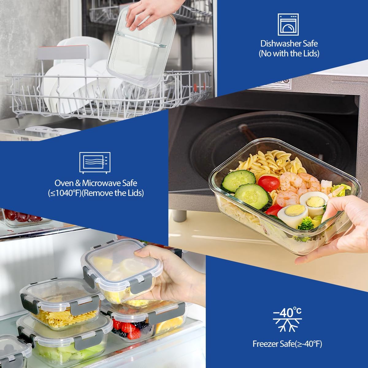 42pcs Glass Food Storage Containers with Lids Set, 21 Containers & 21 Lids Include One 2 Compartments Glass Meal Prep Containers with Snap Locking Lid Set, Leak Proof Lunch Container BPA-Free,Grey