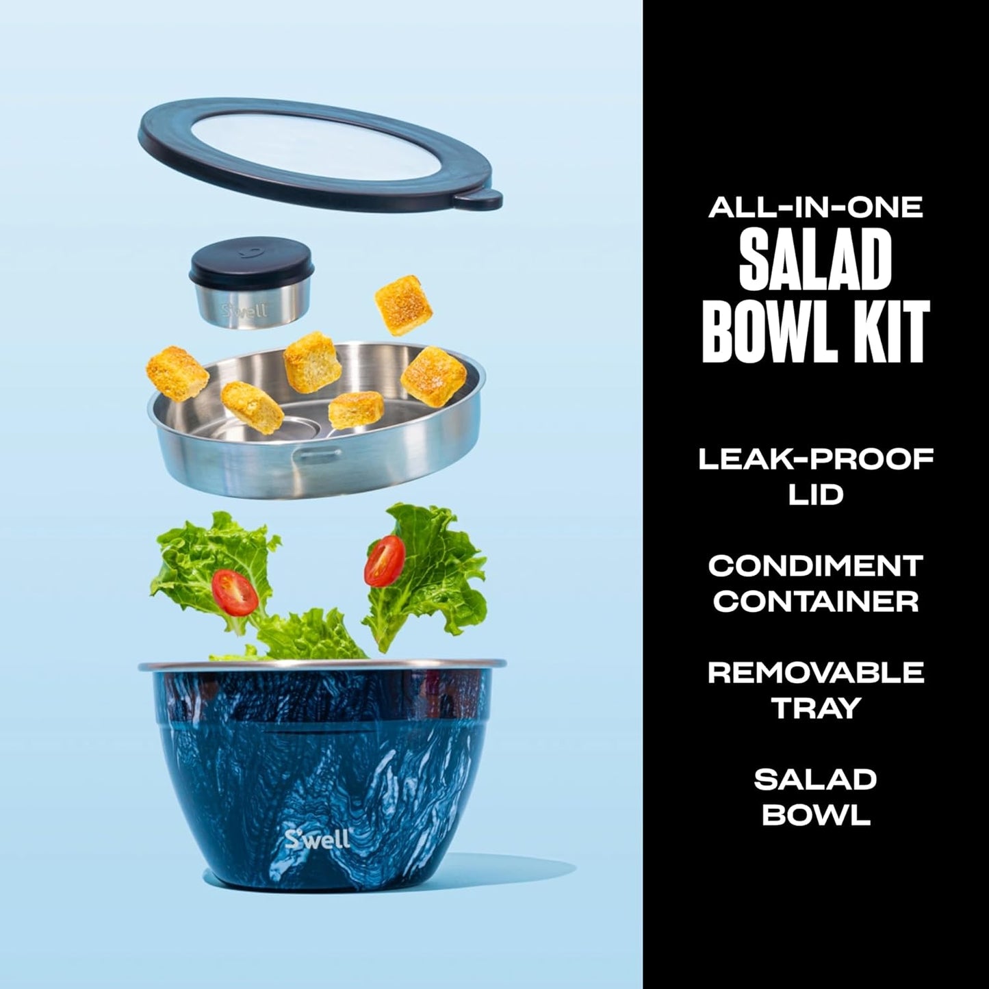 S’well Stainless Steel 64oz Salad Bowl Kit, Azurite Color, Includes 2oz Condiment Container and Removable Tray, Leak-Proof, Easy to Clean, Dishwasher Safe