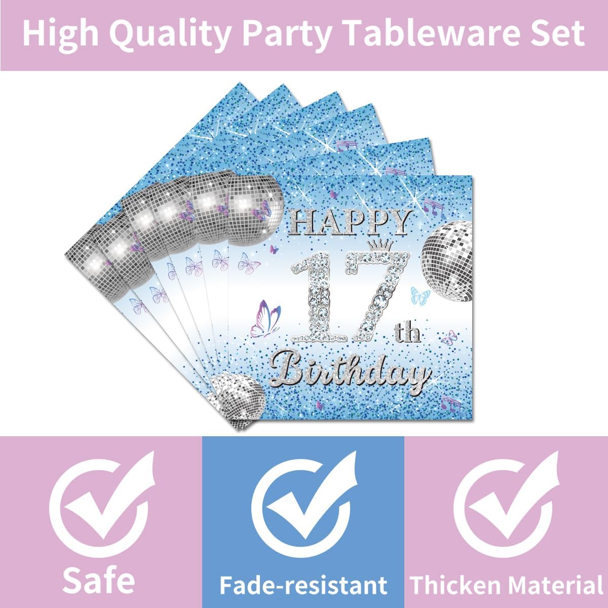 96Pcs Dancing Queen 17th Birthday Disposable Tableware Set - Dancing Queen Happy 17th Birthday Paper Plates Napkins Forks Blue Disco 17 Years Old Party Supplies Serve 24 Guests