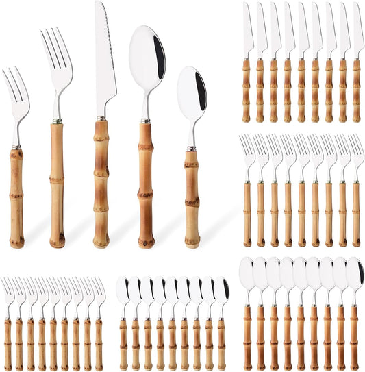 50PCS Silverware Set for 10, Bamboo Handle Flatware Set, Stainless Steel Cutlery Set for Home Restaurant and Party, Bamboo Forks Spoons and Knives Set, Polished Tableware