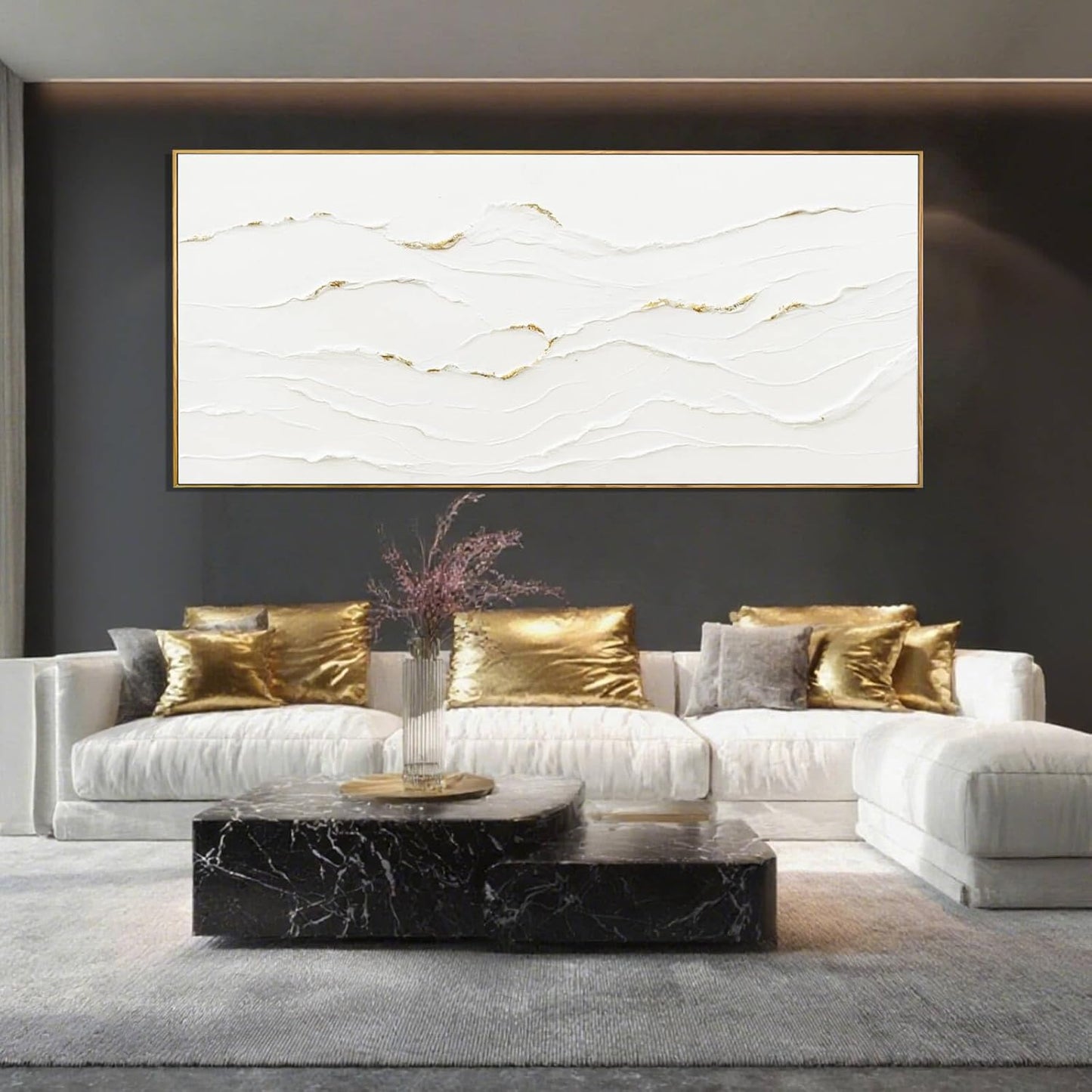 MLART99 White and Gold Wall Decor Textured With Frame Canvas Abstract Minimalist Wall Art - 32x70 Inch Extra Large Contemporary Artwork for Living Room Entryway Home Decoration