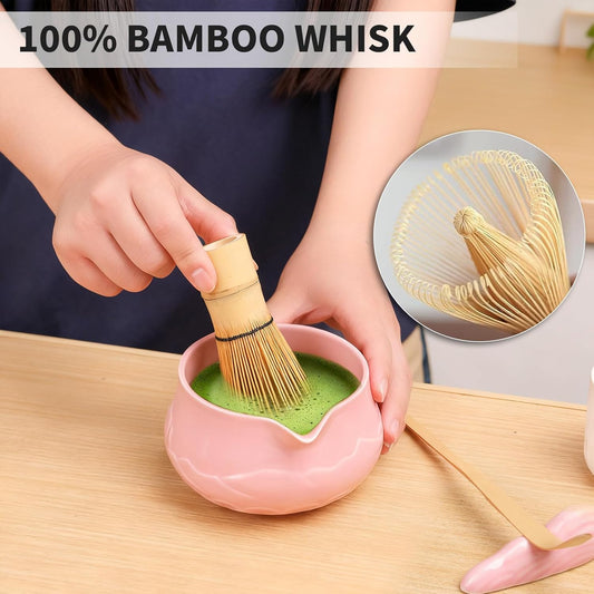 Evoio Matcha Whisk Set with Bowl, 8 Pcs Matcha Kit with Ceramic Matcha Whisk Holder, Scoop Holder, Sifter, Tea Towel, Greeting Card, Bamboo Whisk and Scoop, Pink Matcha Gift for Matcha Tea Lovers