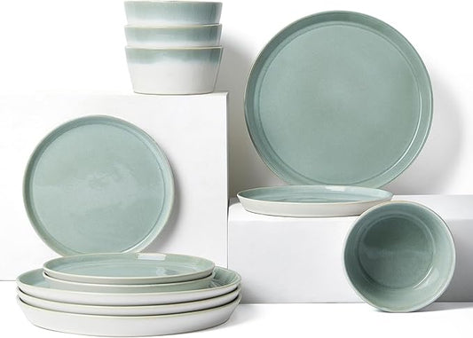 Dinnerware Sets for 4, Ceramic Plates and Bowls Set, Modern Artisan Dish Set, Microwave & Dishwasher Safe Dishware Set, Chip & Scratch Resistant Dinner Sets, Gradient Green