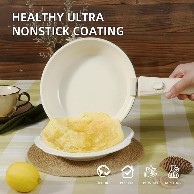 8Pcs Pots and Pans Set Nonstick Ceramic Cookware Set Removable Handle Induction Kitchen Cooking Set with Frying Pans and Sauce Pan, Cream White