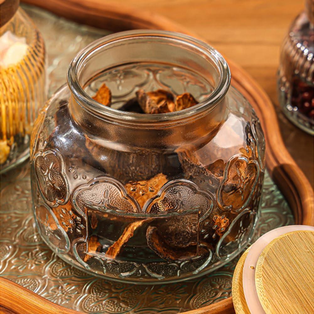 Vintage Glass Decorative Jar, 25.4 FL OZ Glass Food Storage Containers, Sugar Bowl, Kitchen Airtight Glass Jar for Candy Snack Cookies Coffee Tea Nuts (begonia), transparent