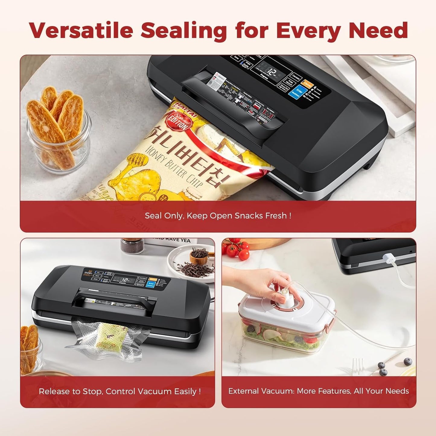 95kpa Vacuum Sealer Machine,Commercial Full Automatic Food Sealer,Powerful Sealing System with Double Heat Seal,Built-in Cutter&Bags Storage,1 Bag Rolls and 10 pcs Pre-cut Bags
