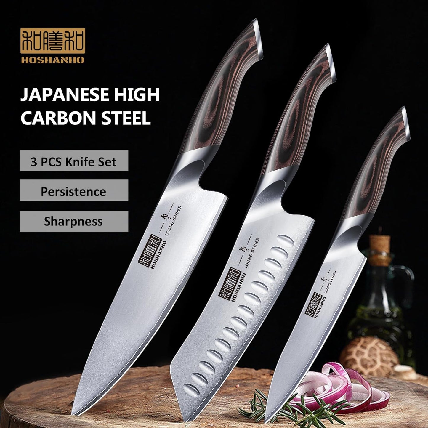 HOSHANHO 3 Pieces Knife Set, Professional Japanese High Carbon Stainless Steel Kitchen Knife Set, Ultra Sharp Chef Knives Sets with Ergonomic Pakkawood Handle
