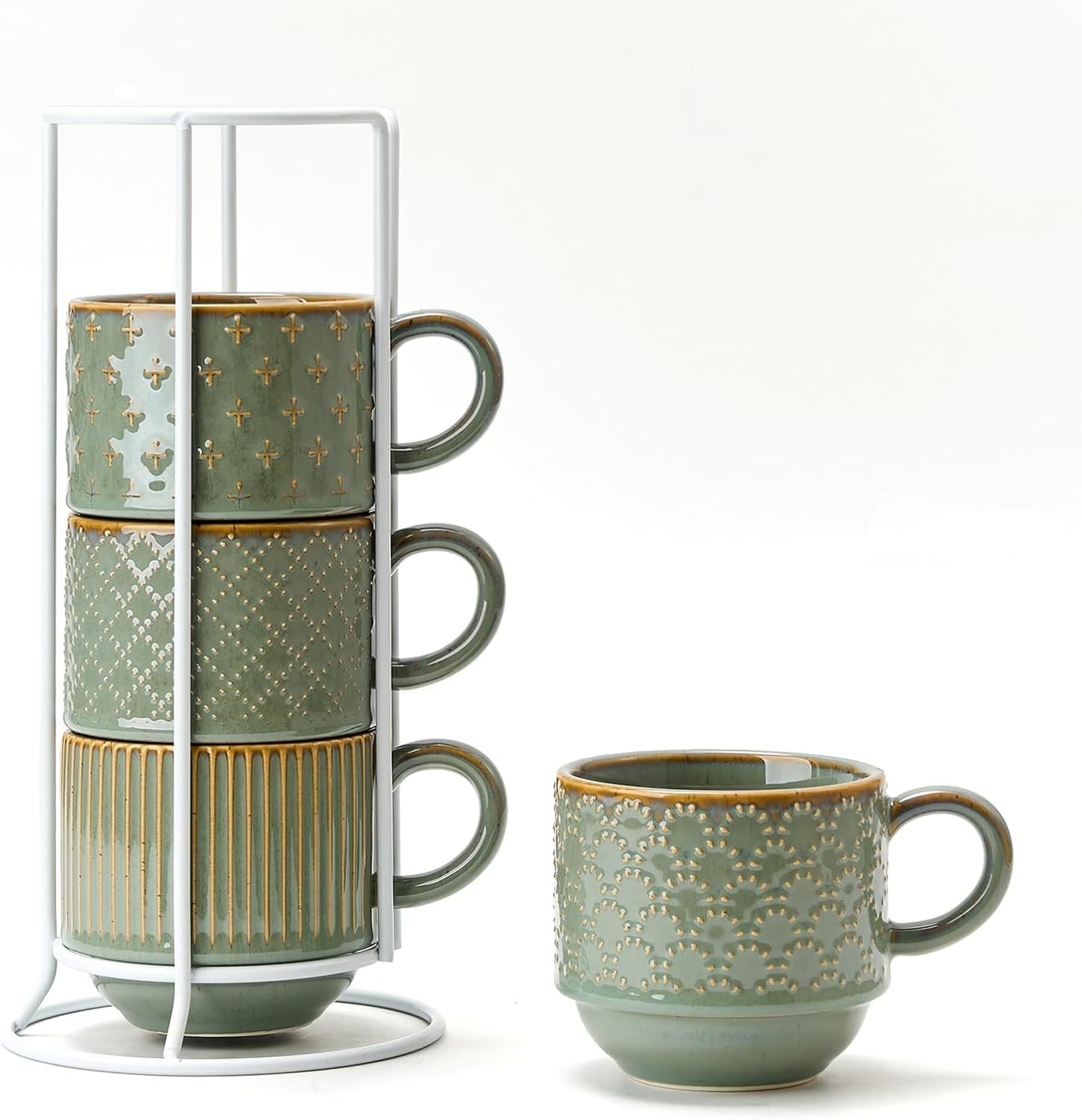 JIEMEI HOME Large Ceramic Coffee Mug Set of 4 with Stand, 15 Oz Stackable Embossment Ribbed Latte Cup Set for Cappuccino, Latte, Tea, Hot Cocoa, Drinks - Dishwasher & Microwave Safe, Vintage Turquoise