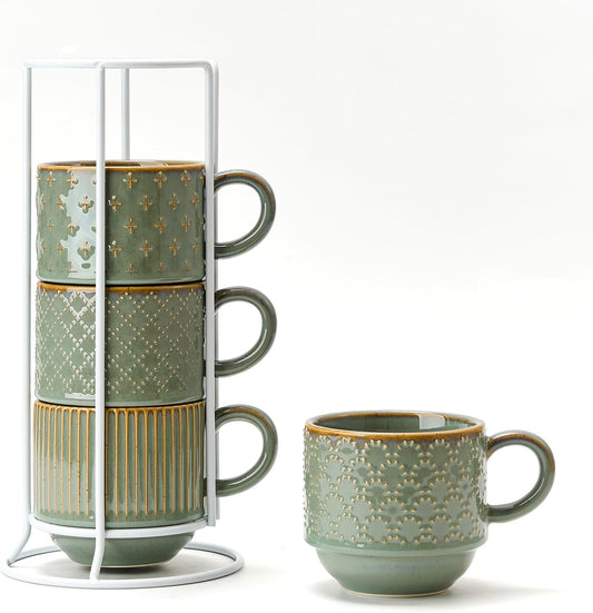 JIEMEI HOME Large Ceramic Coffee Mug Set of 4 with Stand, 15 Oz Stackable Embossment Ribbed Latte Cup Set for Cappuccino, Latte, Tea, Hot Cocoa, Drinks - Dishwasher & Microwave Safe, Vintage Turquoise