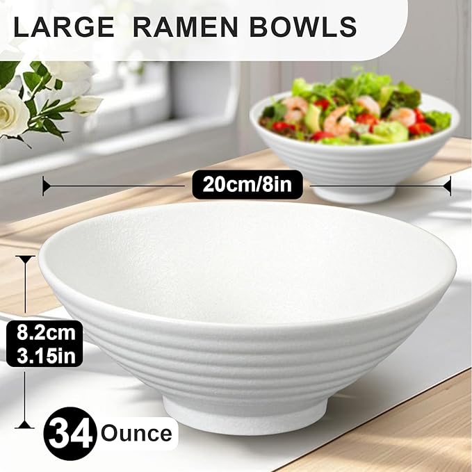 8-Inch Ceramic Ramen Bowl Set of 4 (17 Piece) - Porcelain Japanese Salad Noodles Cereal Fruit Pasta Soup Large Bowls with Recipes Chopsticks Forks Spoons for Men Women Gift Microwave Dishwasher Safe