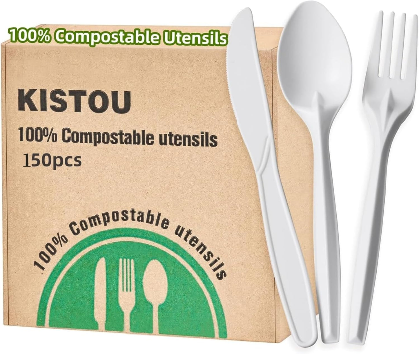 150PCS compostable utensils set Eco-friendly Heavy Duty Utensils (50 Forks, 50 Spoons, 50 Knives) Compostable Cutlery Set Biodegradable Utensils disposable silverware for party BBQ, Picnic Daily Use