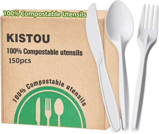 150PCS compostable utensils set Eco-friendly Heavy Duty Utensils (50 Forks, 50 Spoons, 50 Knives) Compostable Cutlery Set Biodegradable Utensils disposable silverware for party BBQ, Picnic Daily Use