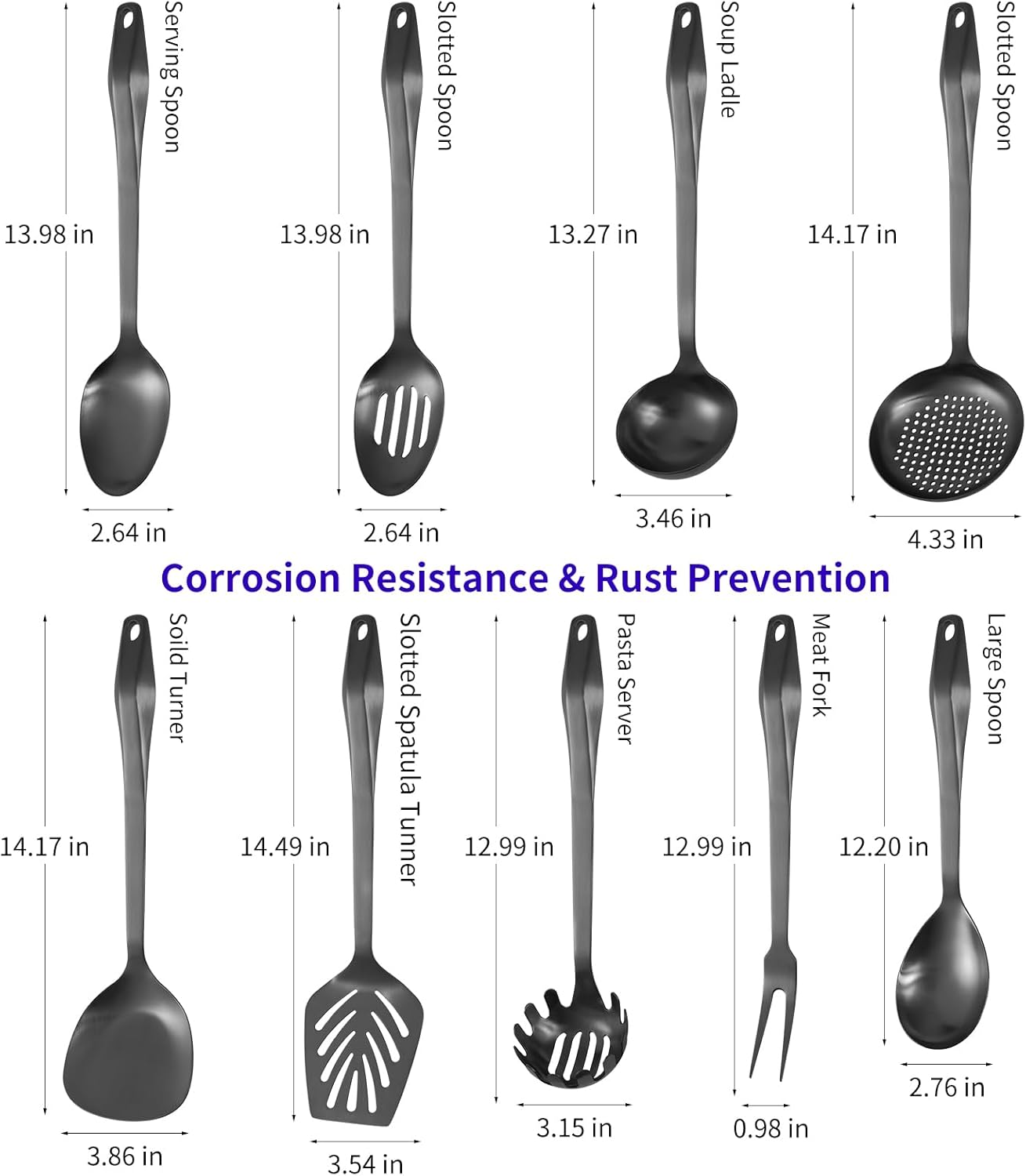 304 Stainless Steel Kitchen Utensil Set - 9pcs Cooking Utensils, Metal Kitchen Utensil Spatula Sets Cookware,High temperature resistance Kitchen Tool Set for Hanging Dishwasher Safe（Black）