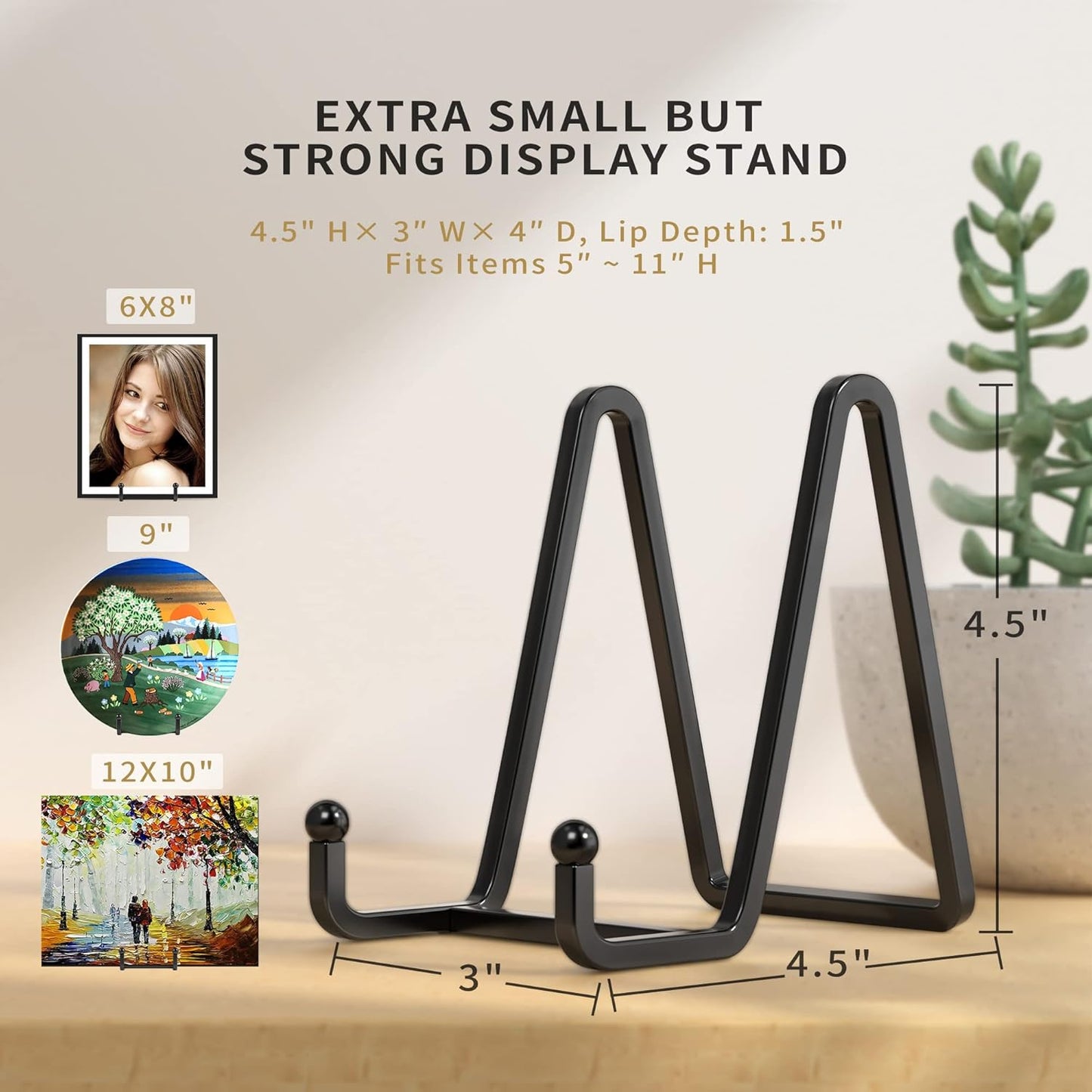 4 Pack Plate Stands for Display - 4.5 Inch Metal Square Wire Plate Holder Display Stand + Picture Frame Stand Holder Easel for Book, Decorative Plate, Plaque, Photo, Platter (Black)