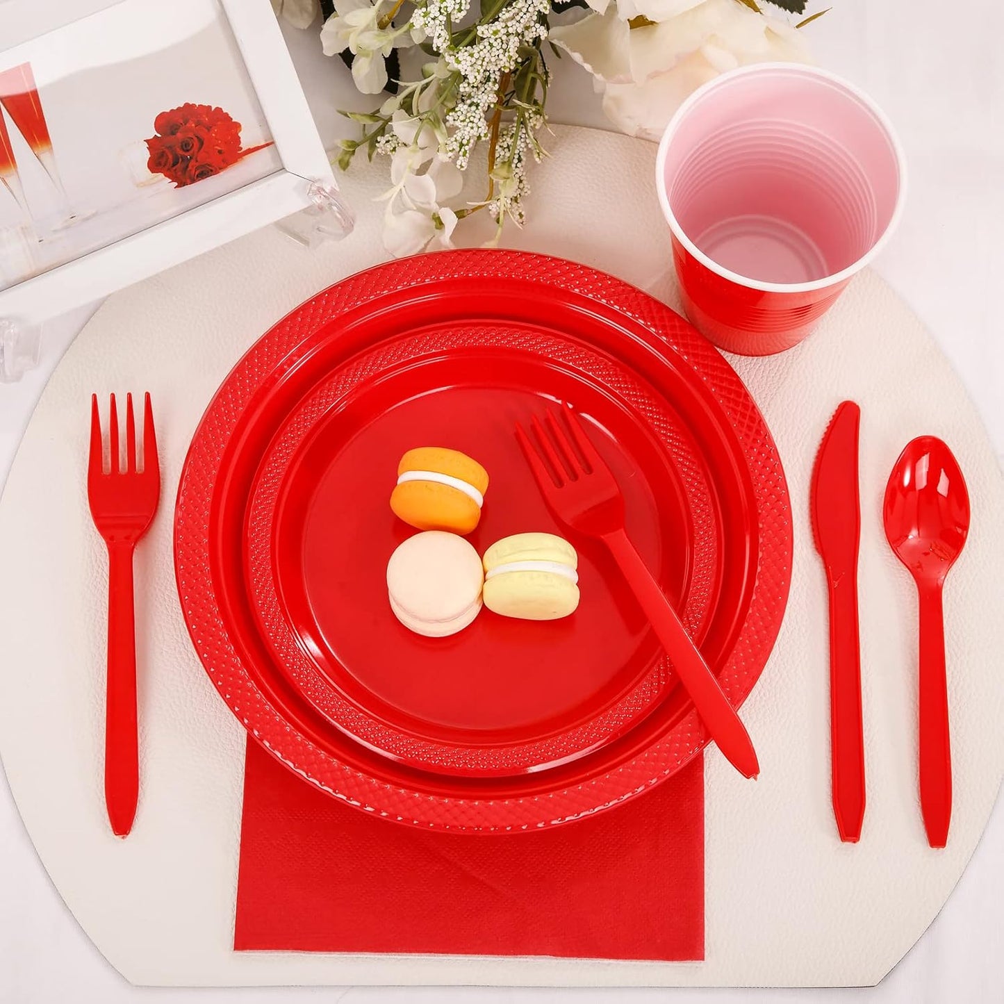 MirthMood 350PCS Red Disposable Plastic Plates,Red Dinnerware Set Includes 50 Dinner Plates, 50 Salad Plates, 50 Sets of Silverware, 50 Napkins and 50Pcs 12OZ Plastic Cups