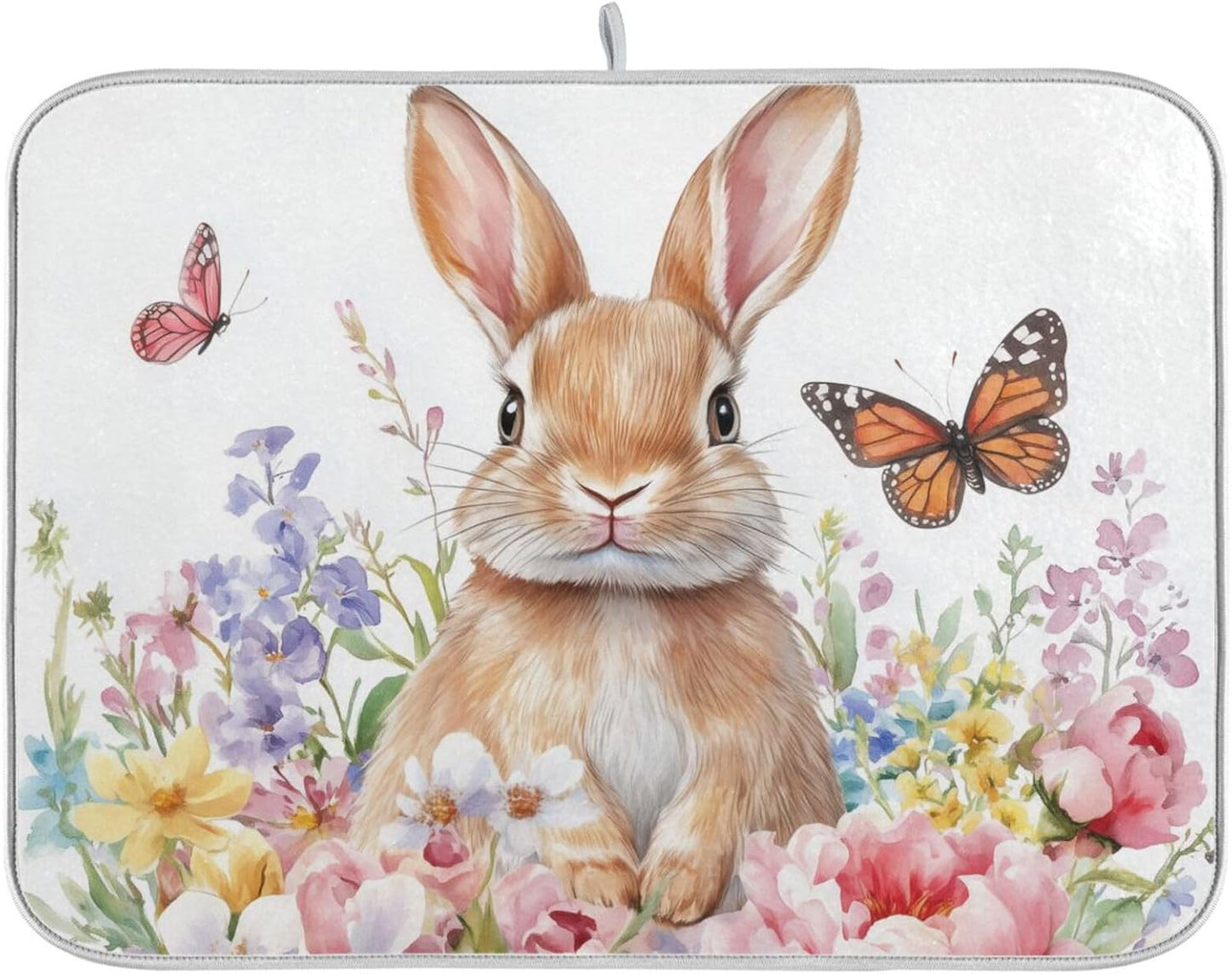 Cute Bunny and Blooming Flowers Dish Drying Mat Super Absorbent Drying Mat 18x24 inch Large Dish Drying Mats for Kitchen Counter Dish Drying Pads Kitchen Drying Matt for Countertop
