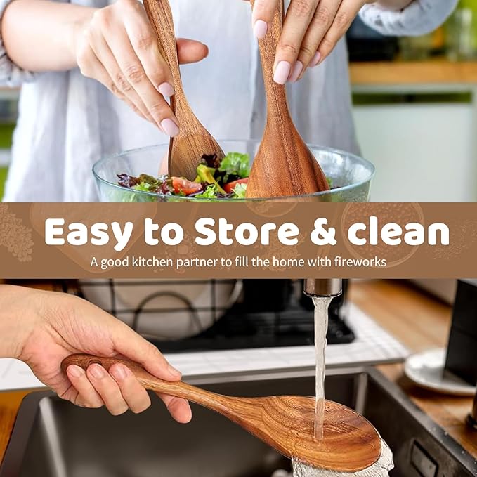 10 PCs Teak Wooden Utensil Set with Hooks, Wooden Spoons for Cooking, Wood Cooking Utensils Set, Comfort Grip, Non Stick Cookware, Easy to Clean, Kitchen Stuff, Wood Spatula