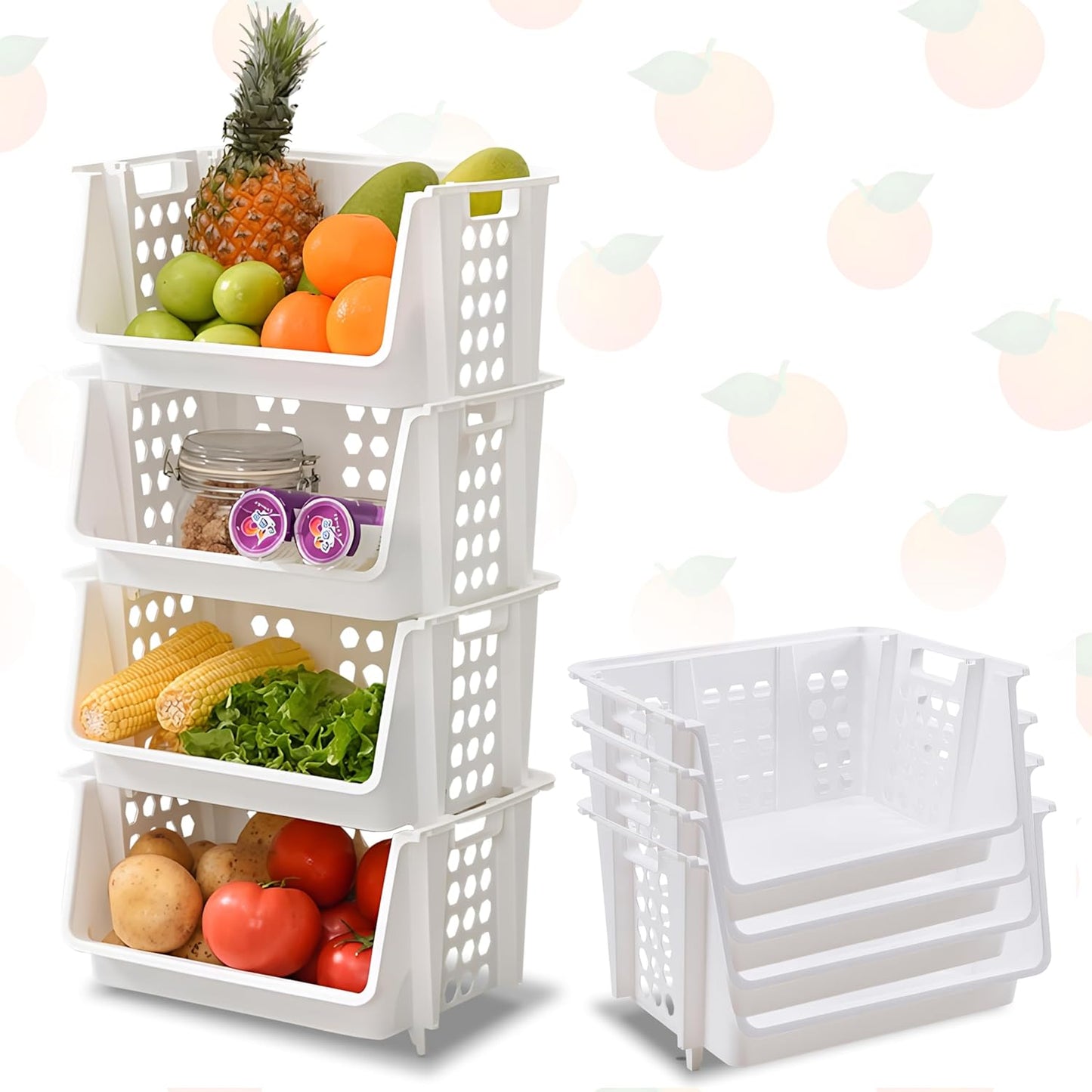 Skywin Plastic Stackable Storage Bins for Pantry - 4-Pack Medium Stackable Bins For Organizing Food, Kitchen, and Bathroom Essentials (White)