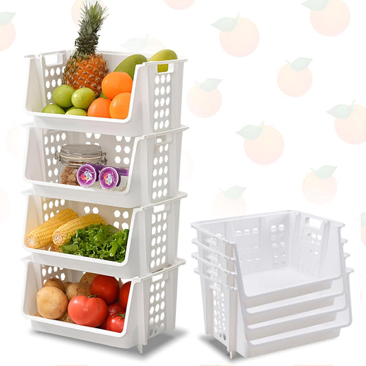 Skywin Plastic Stackable Storage Bins for Pantry - 4-Pack Medium Stackable Bins For Organizing Food, Kitchen, and Bathroom Essentials (White)