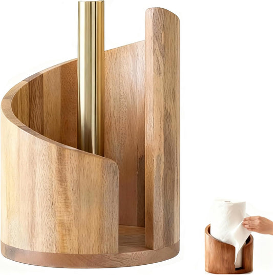 Mountain Paper Towel Holder Countertop with Mango Wood and Iron Round Base, Effortless One-Hand Tear Modern Kitchen Towel Dispenser for Counter, Cabinet, Farmhouse Kitchen (Natural Wood)