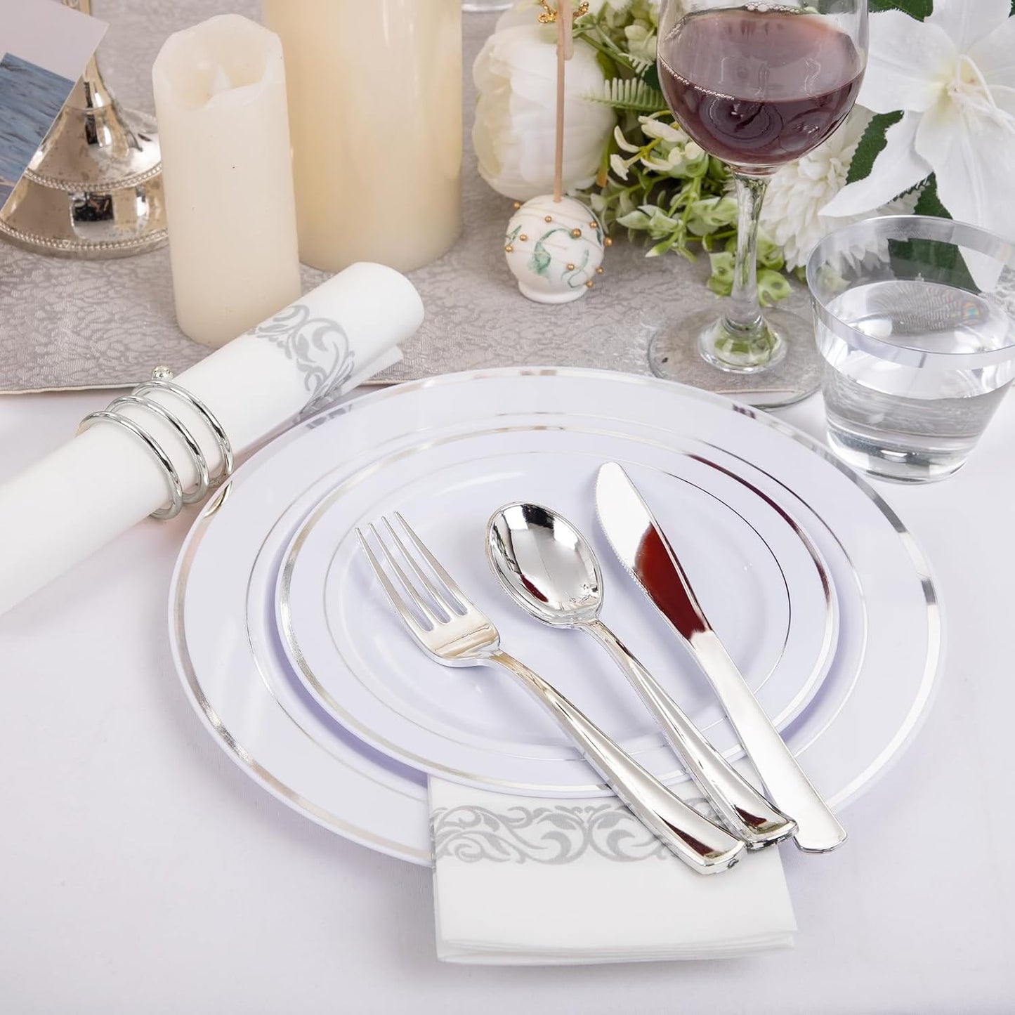 I00000 350Pcs Silver Plastic Dinnerware Set, Plastic Plates Disposable for 50 Guests Include: 100 Silver Rim Plates, 50 Paper Napkins, 50 Cups, 50 Plastic Silverware Set Perfect for Party & Wedding