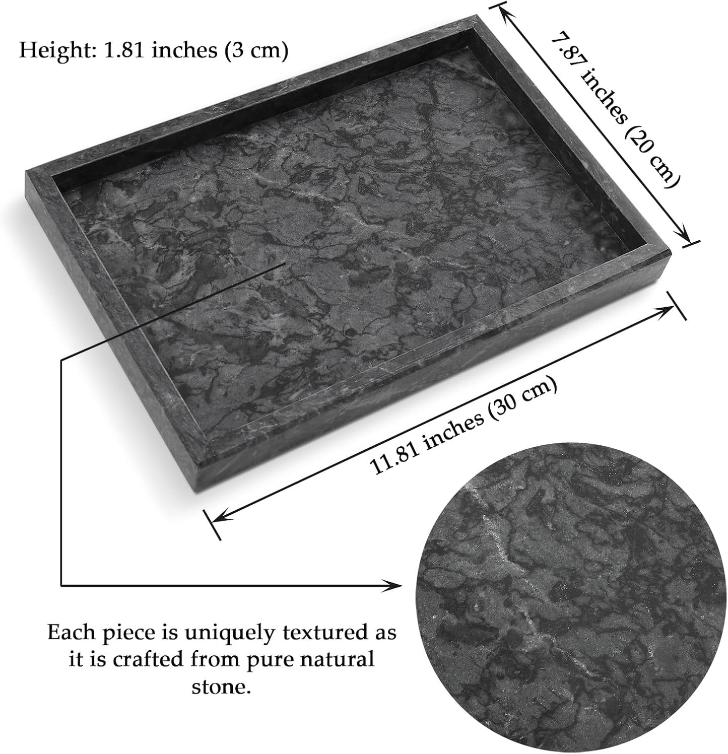 Yew & Tulip Natural Marble Vanity Tray, Nature Dark Gray Marble Serving Tray for Bathroom, Kitchen, Vanity, Home Decor, Wedding etc. (12"x 8" x 1.2")