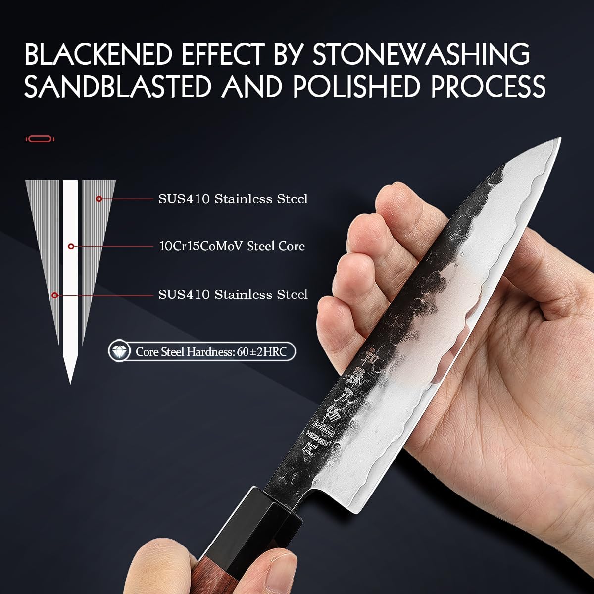 HEZHEN 5.5 Inches Santoku Knife, Three-layer Clad Steel, Professional small Japanese Chef Knife, Ultra Sharp Blade, Red Wood Octagonal Handle