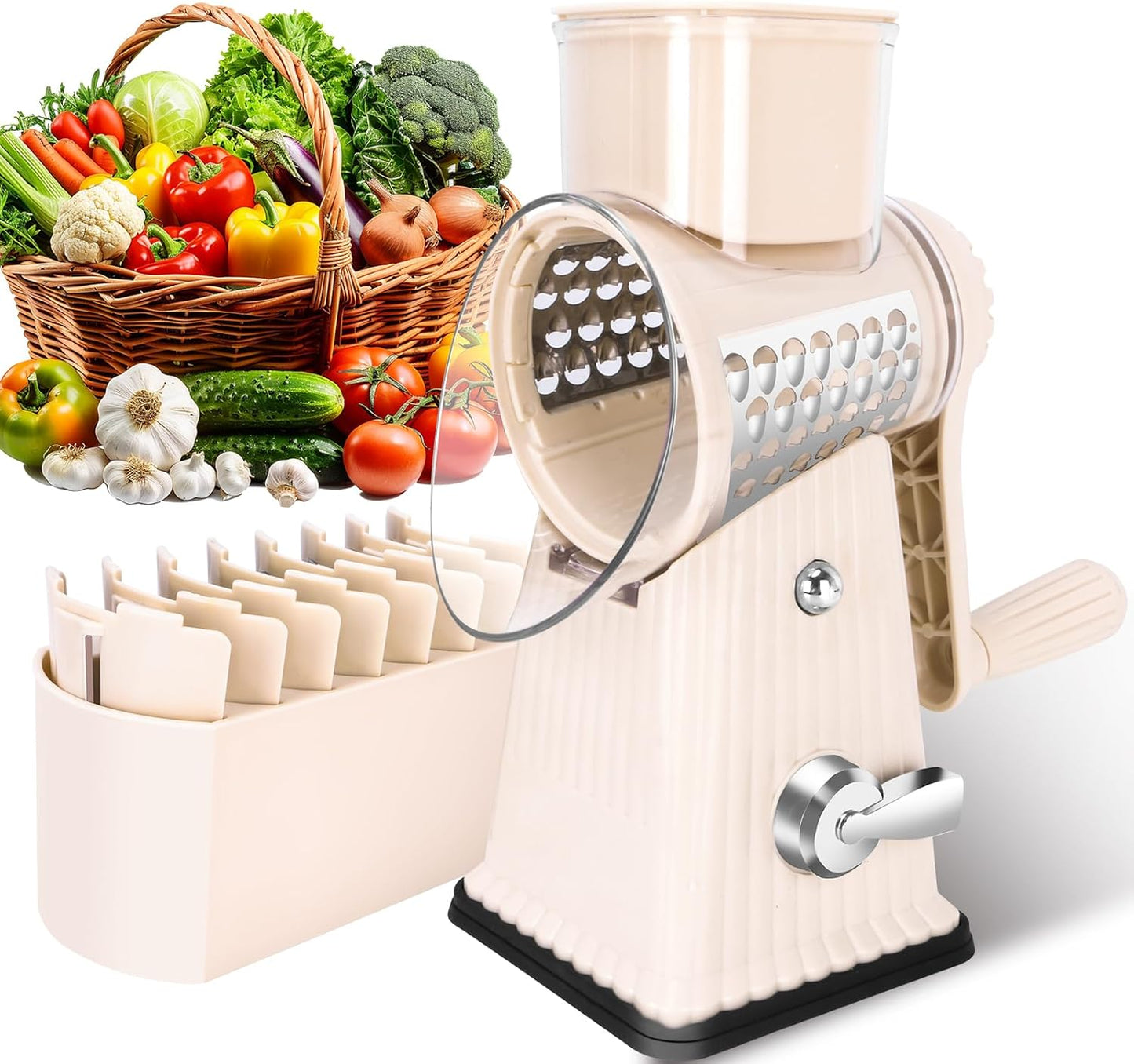 Rotary Cheese Grater with 5 Well-designed Blades & Strong Suction Base, Kitchen Mandoline Vegetable Slicer with Blade Storage Box(Off-white)