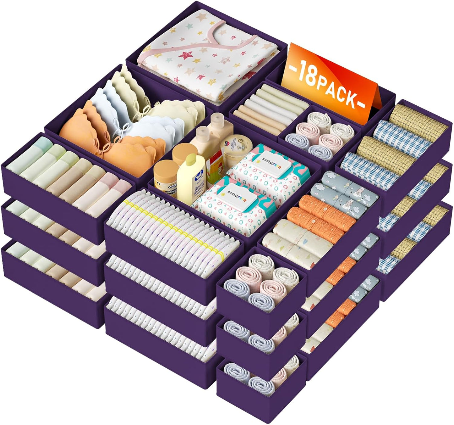 DIMJ Drawer Organizer Clothes Storage - 18 Pack Baby Dresser Organizer for Nursery, Foldable Closet Drawer Bins for Bedroom Organization, Fabric Storage Dividers for Socks, Underwears, Purple