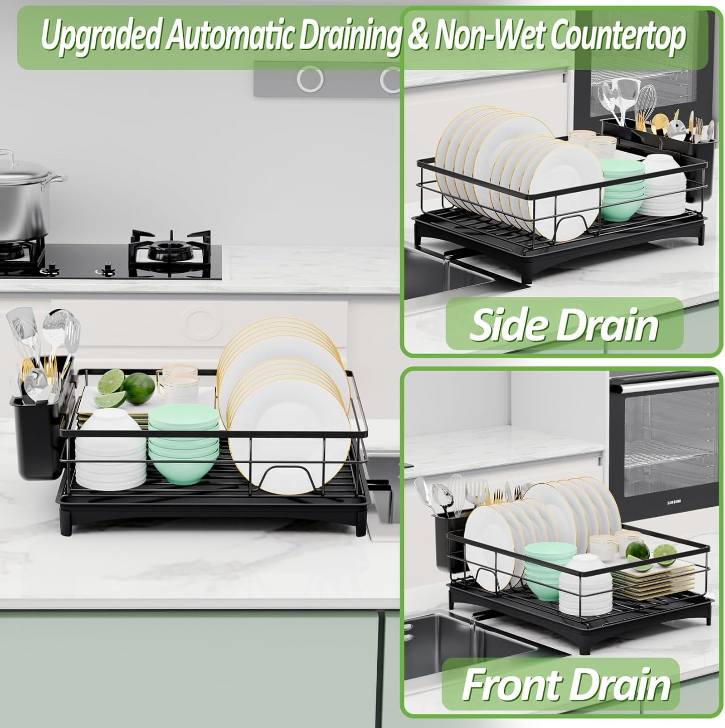 Dish Drying Rack, Large Capacity Dish Drainers for Kitchen Counter with Removeable Cutlery Holder, Rustproof & Sturdy Auto-Drain Multifunctional Organizer for Plates,Cups,knife fork Storage Essentials