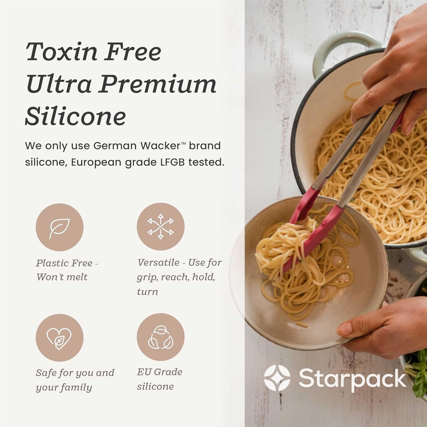 Starpack 'Get a Grip' Silicone Kitchen Tongs for Cooking 9 Inch - BBQ Silicone Tongs for Grill Heat Resistant to 600°F - Stainless Steel Utensils with Non Stick Rubber Tips for Serving Food