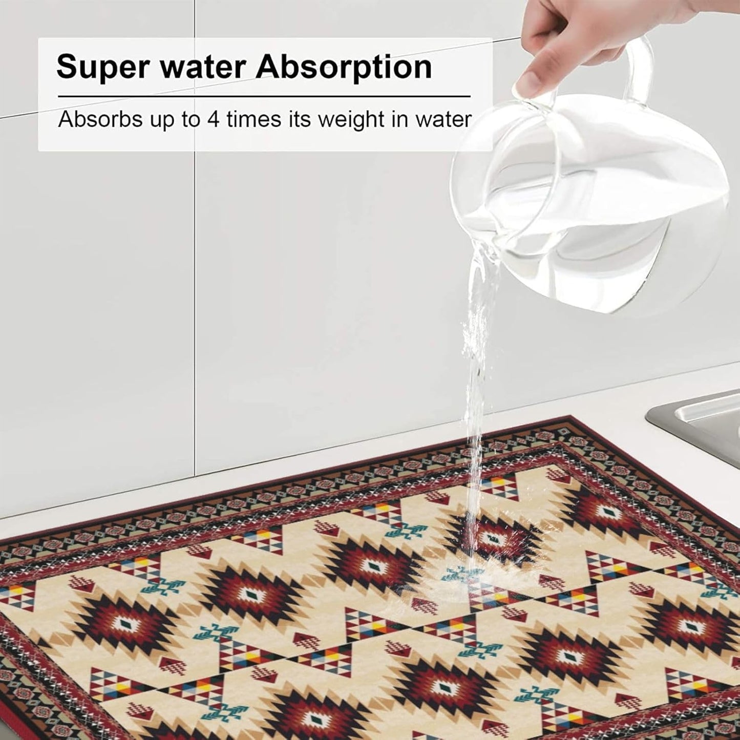 Southwestern Tribal Aztec Dish Drying Mat for Kitchen Counter, Cute Decorative Dish Drainer Rack Mats 16x18 Inch Absorbent Reversible Drying Pad