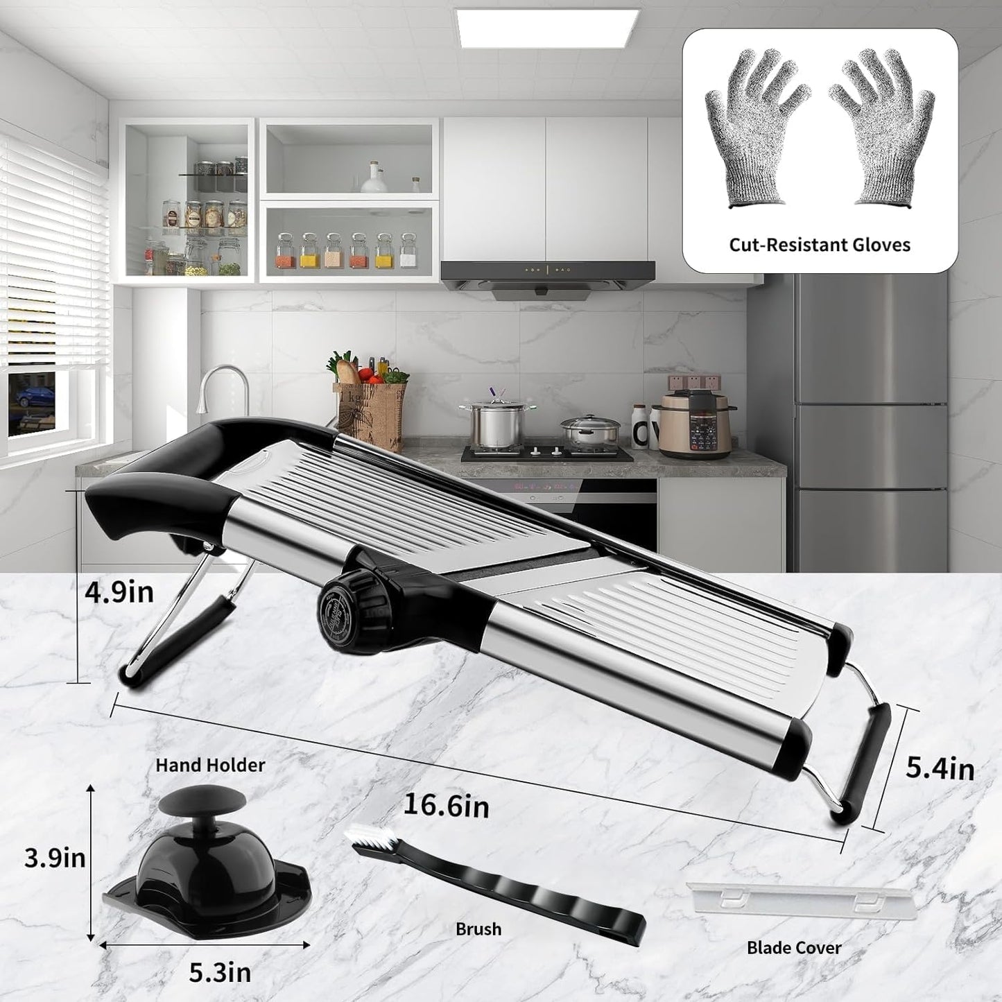 VEKAYA Mandoline Slicer, Mandoline Slicer for Kitchen, Adjustable Mandolin, Stainless Steel Mandoline, Vegetable Slicer, Potato, Onion, Cucumber, Tomato, Veggie Slicer with Cut-Resistant Gloves