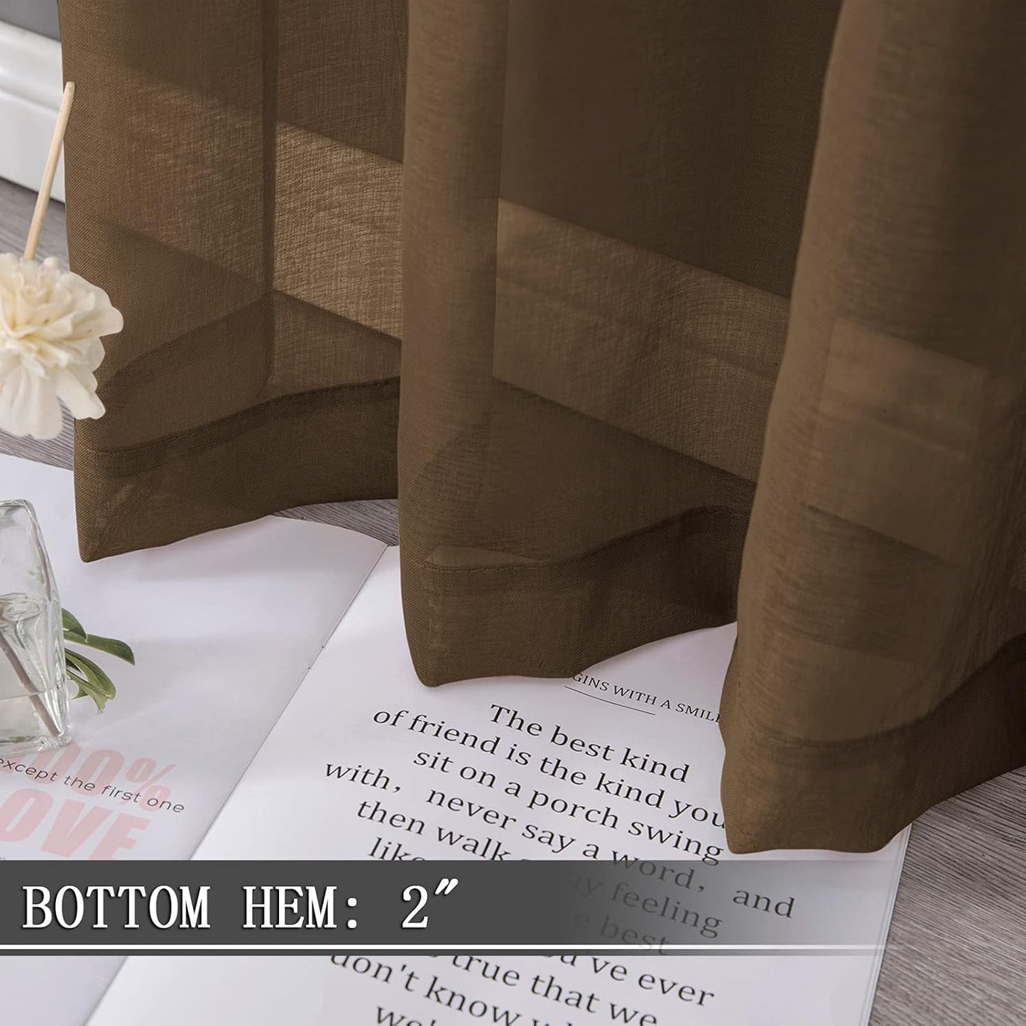 Tollpiz Short Sheer Curtains Linen Textured Living Room Curtain Sheers Light Filtering Rod Pocket Voile Curtains for Bedroom, 42 x 45 inches Long, Brown, Set of 2 Panels